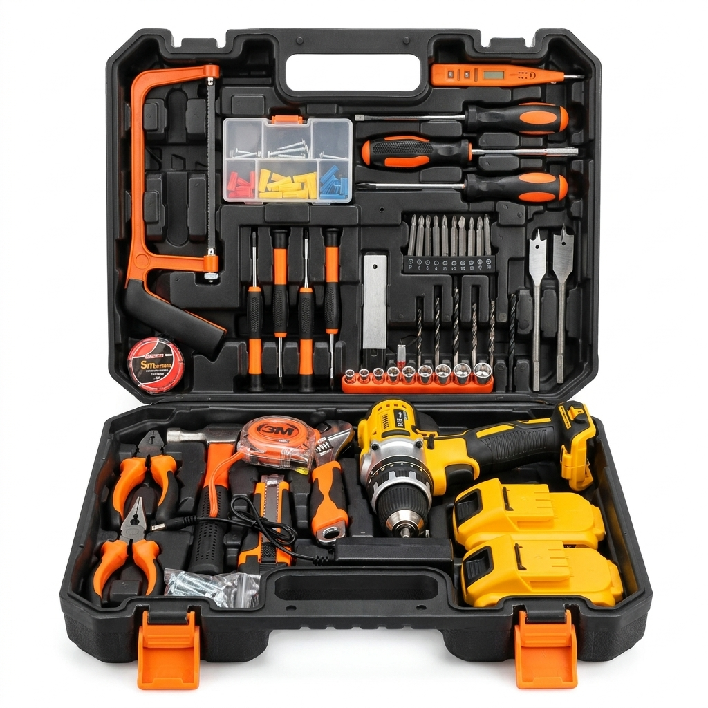 Kit completo herramientas maletín 48V taladro, baterías, alicates, destornilladores