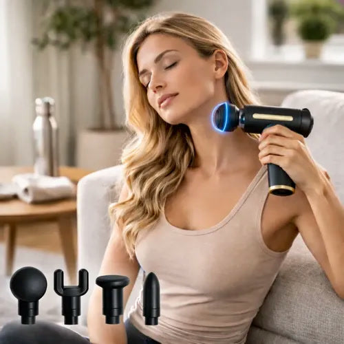 Mujer usando masajeador en cuello