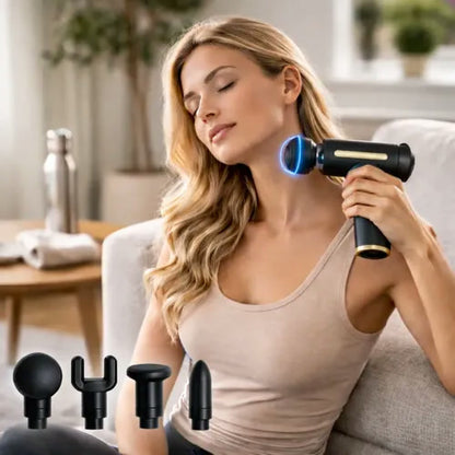 Mujer usando masajeador en cuello