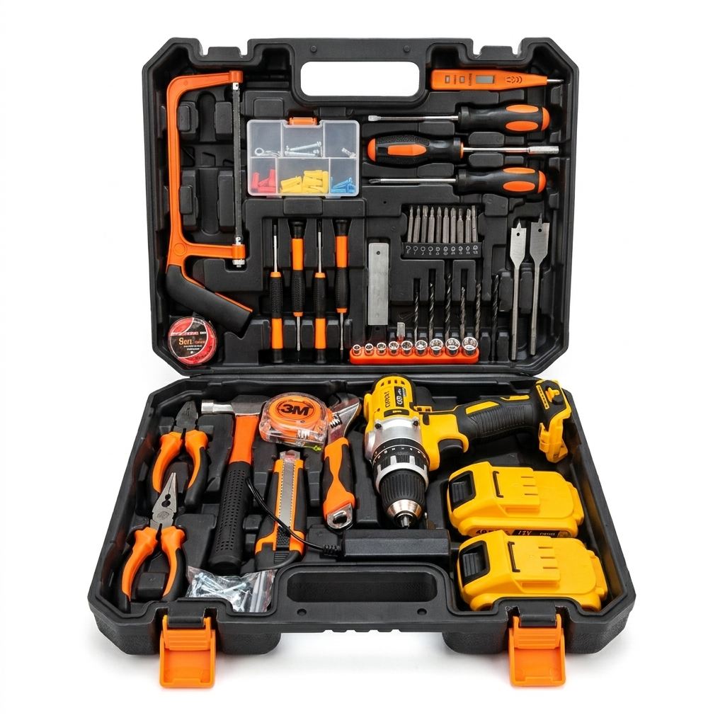 Maletín completo de herramientas con taladro inalámbrico 48V — vista completa abierto