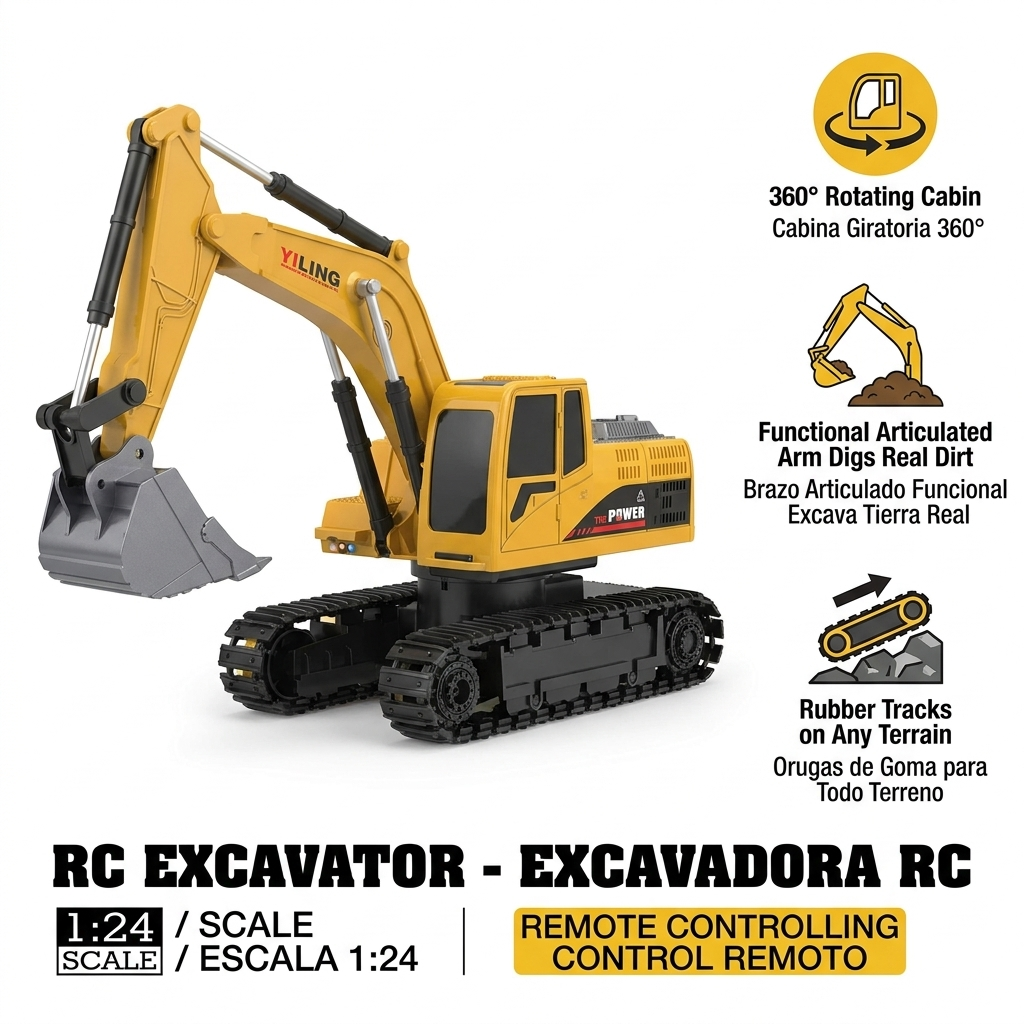 Excavadora RC 1:24 - Beneficios principales: cabina giratoria 360, brazo articulado funcional, orugas de goma