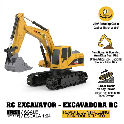 Excavadora RC 1:24 - Beneficios principales: cabina giratoria 360, brazo articulado funcional, orugas de goma