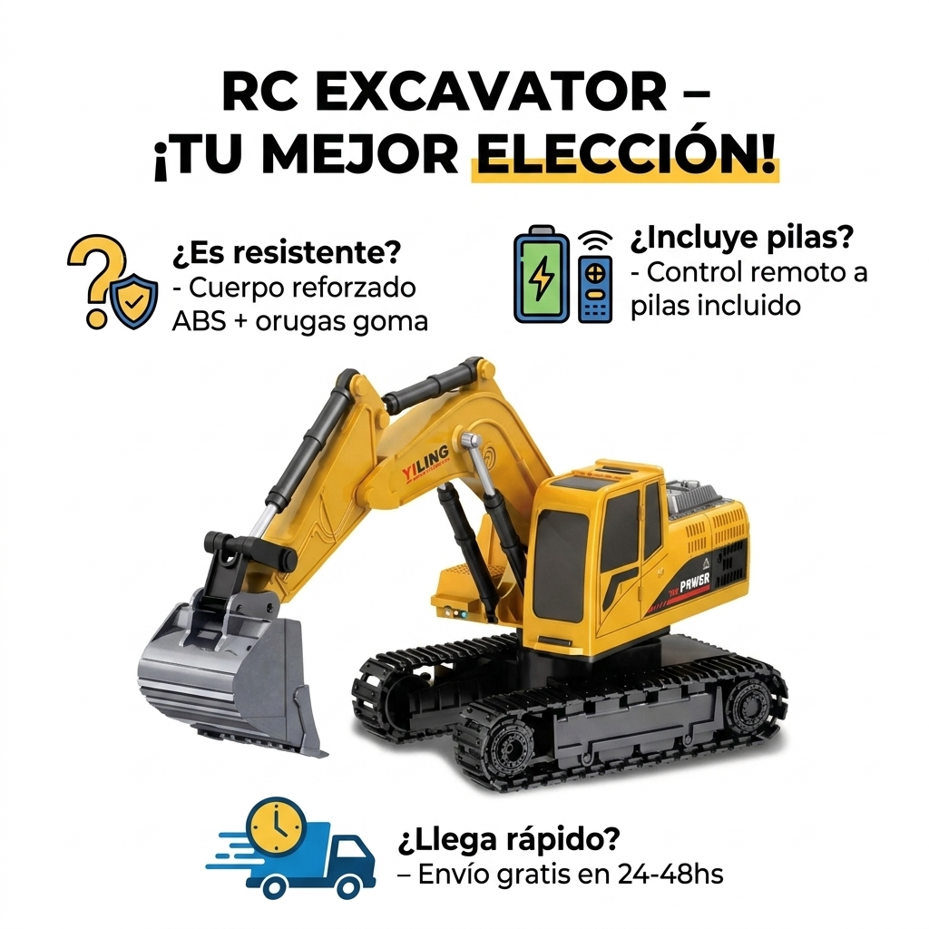 Excavadora RC 1:24 - Preguntas frecuentes: Es resistente? Incluye pilas? Llega rapido?