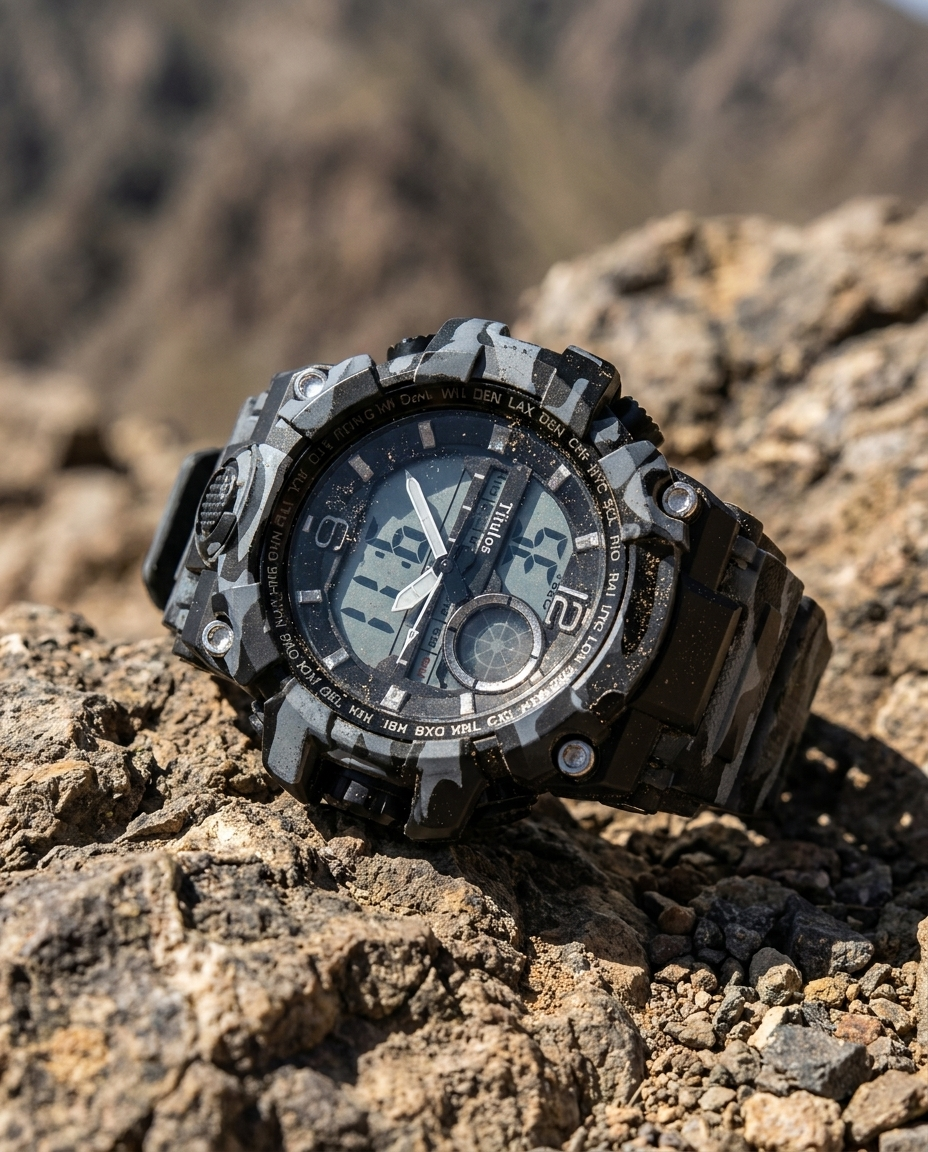 Reloj tactico rugged sobre rocas