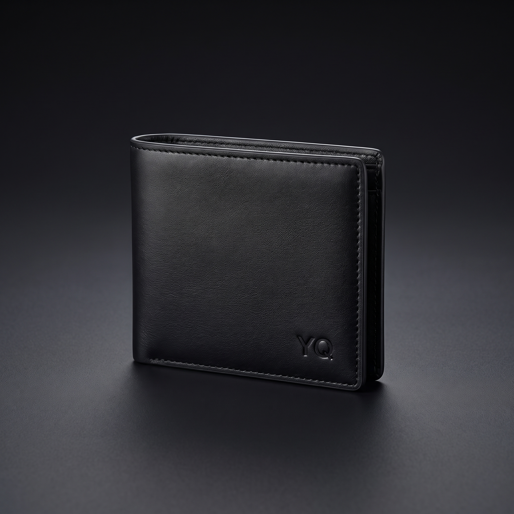 Billetera YQ simil cuero negra frente con logo YQ grabado