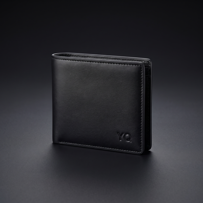 Billetera YQ simil cuero negra frente con logo YQ grabado