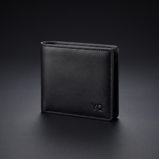 Billetera YQ simil cuero negra frente con logo YQ grabado