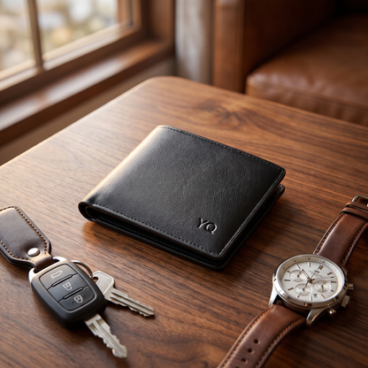 Billetera YQ ideal regalo sobre mesa de madera con reloj y llaves