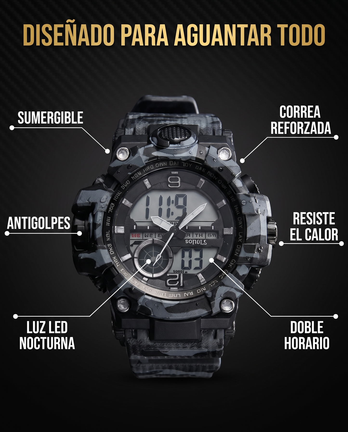 Beneficios del Reloj Tactico V4: sumergible, antigolpes, luz LED, correa reforzada, resiste calor, doble horario