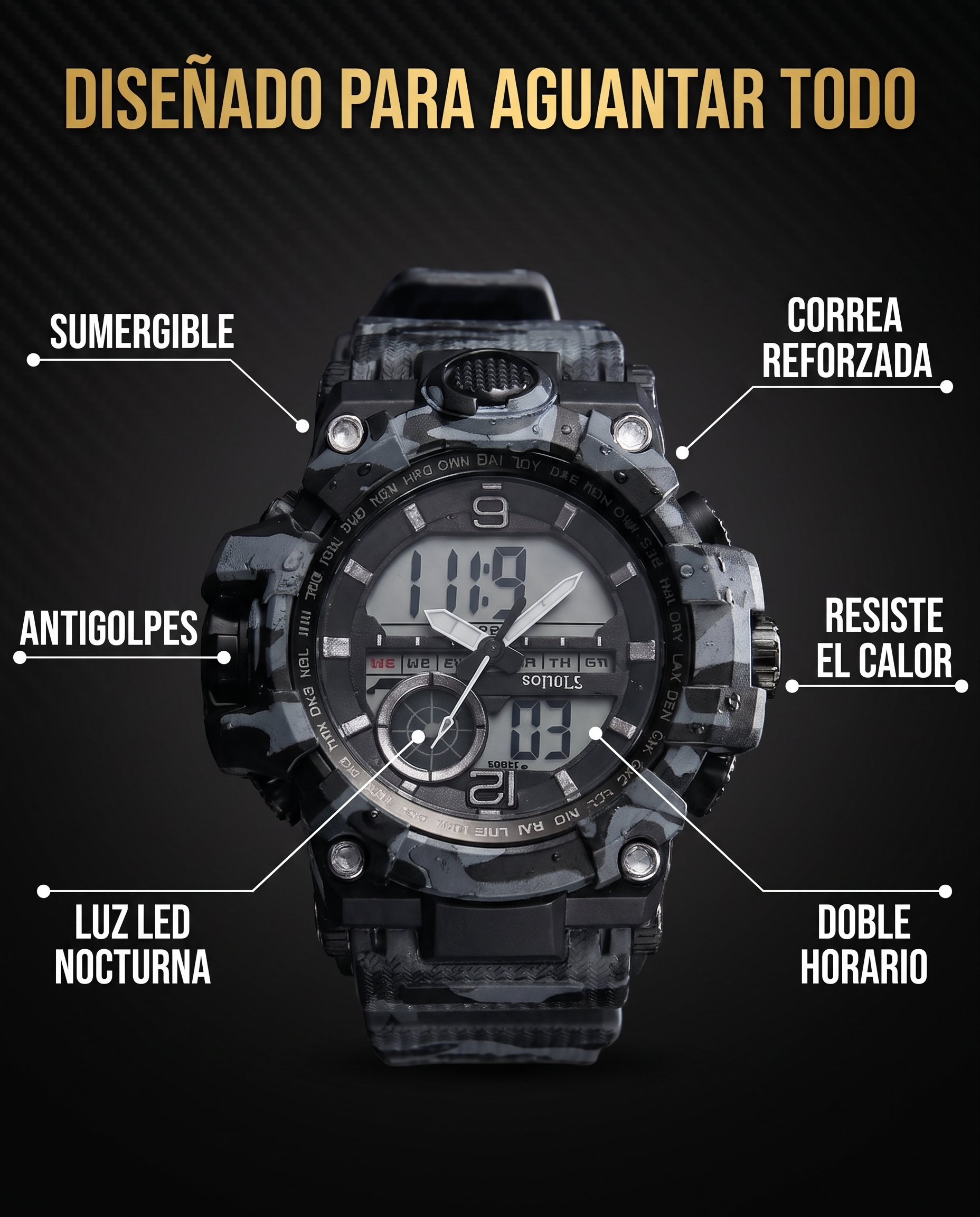 Beneficios del Reloj Tactico V4: sumergible, antigolpes, luz LED, correa reforzada, resiste calor, doble horario