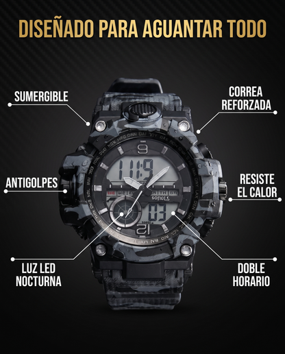 Beneficios del Reloj Tactico V4: sumergible, antigolpes, luz LED, correa reforzada, resiste calor, doble horario
