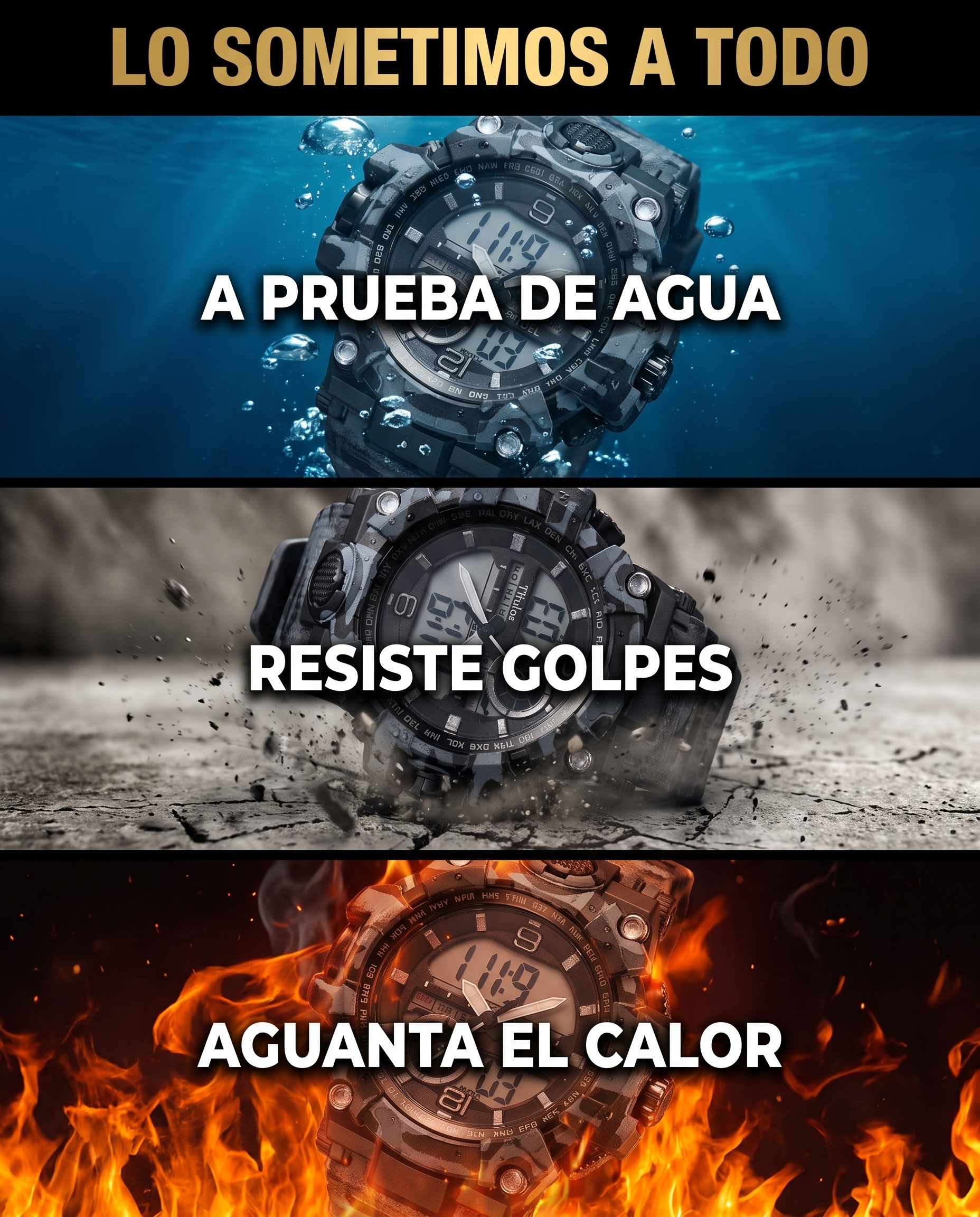 Test de resistencia del reloj: a prueba de agua, resiste golpes, aguanta el calor